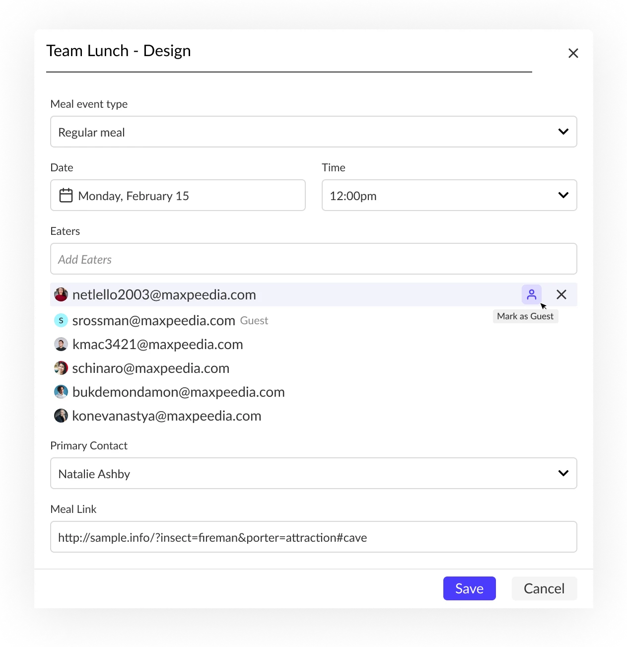 Editing a meal event: meal type, date, time, invited guests, primary contact and notes.