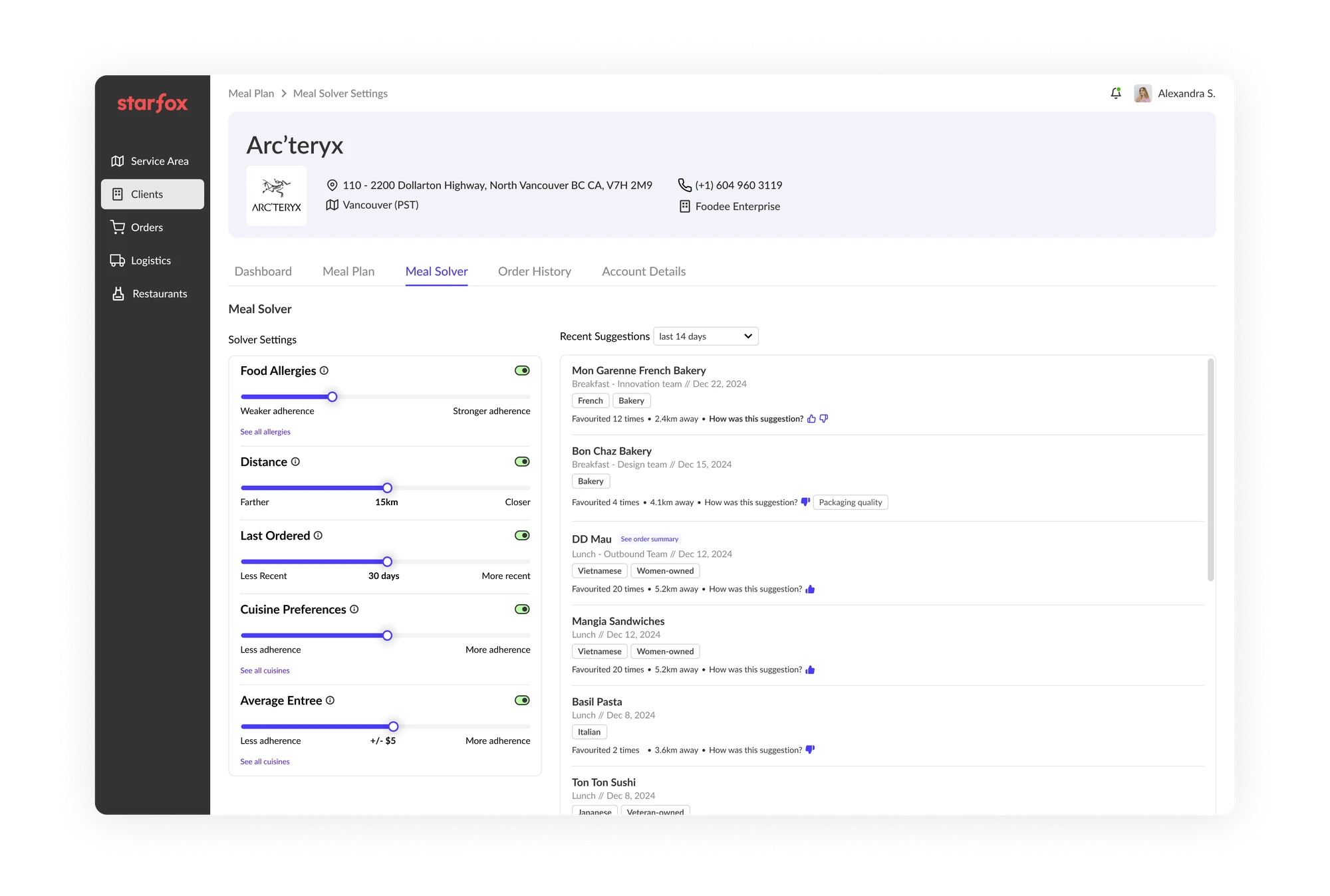 Meal Solver settings with sliders for food allergies, distance, last ordered, cuisine preferences and average entree, beside recent suggestions.