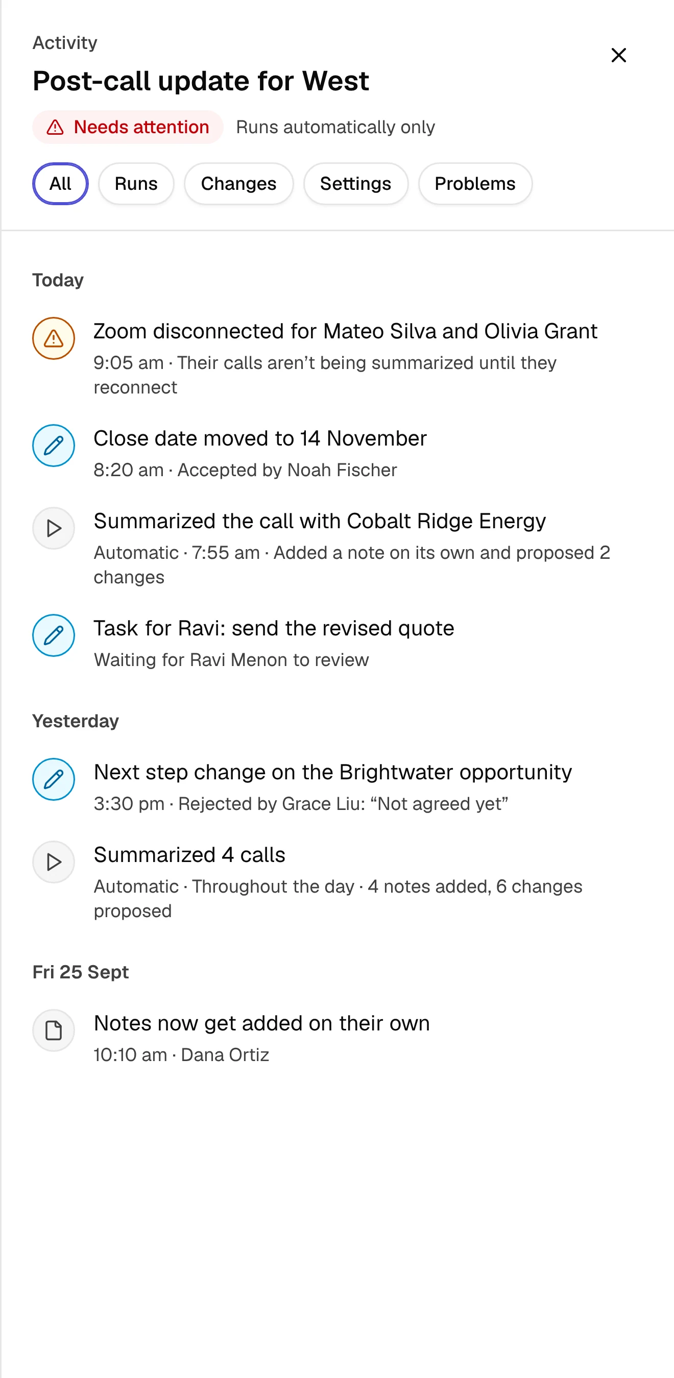 Activity log for an agent, grouped by day, with runs, changes, problems and who did what.