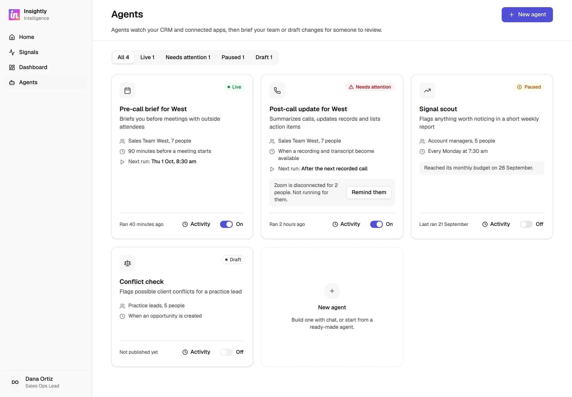 Agents page with four agent cards, each with a status, next run, activity button and on and off switch.