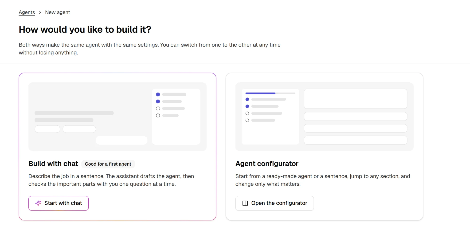 New agent page with two choices: Build with chat, and the Agent configurator.