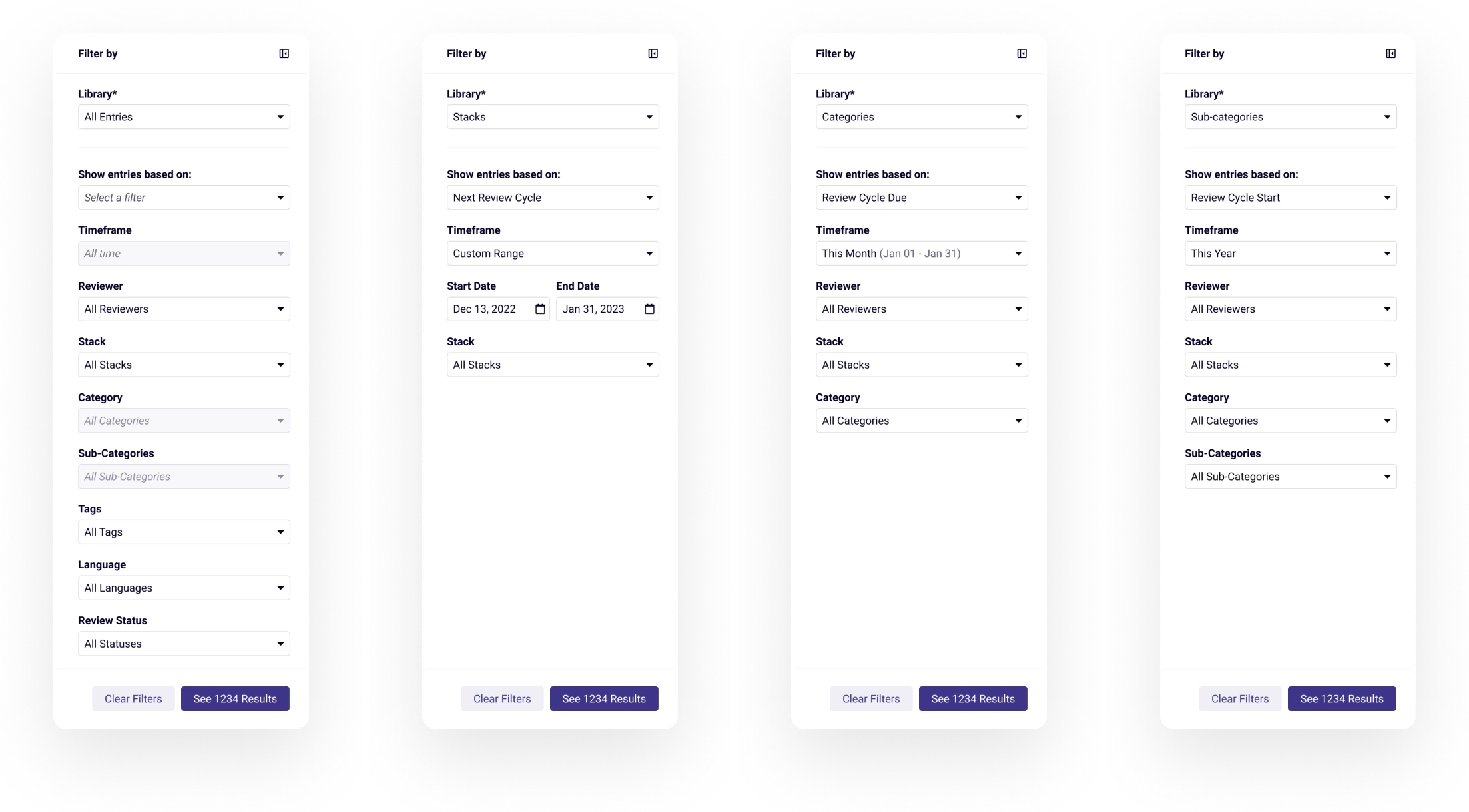 Four variations of the Library Report filter panel: all entries, stacks with a custom date range, categories, and sub-categories.