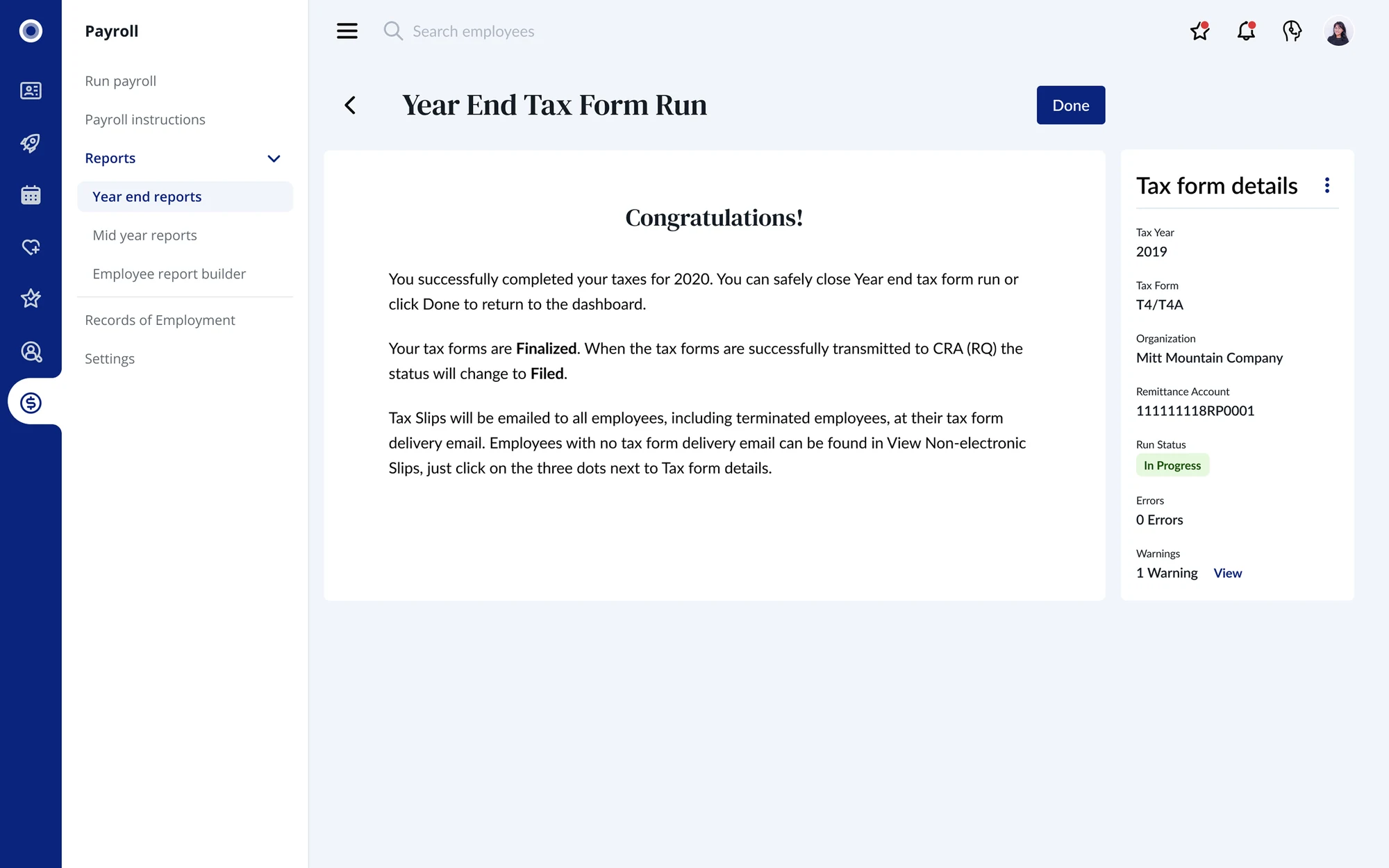 Congratulations page confirming the taxes are finalized and that tax slips will be emailed to all employees.
