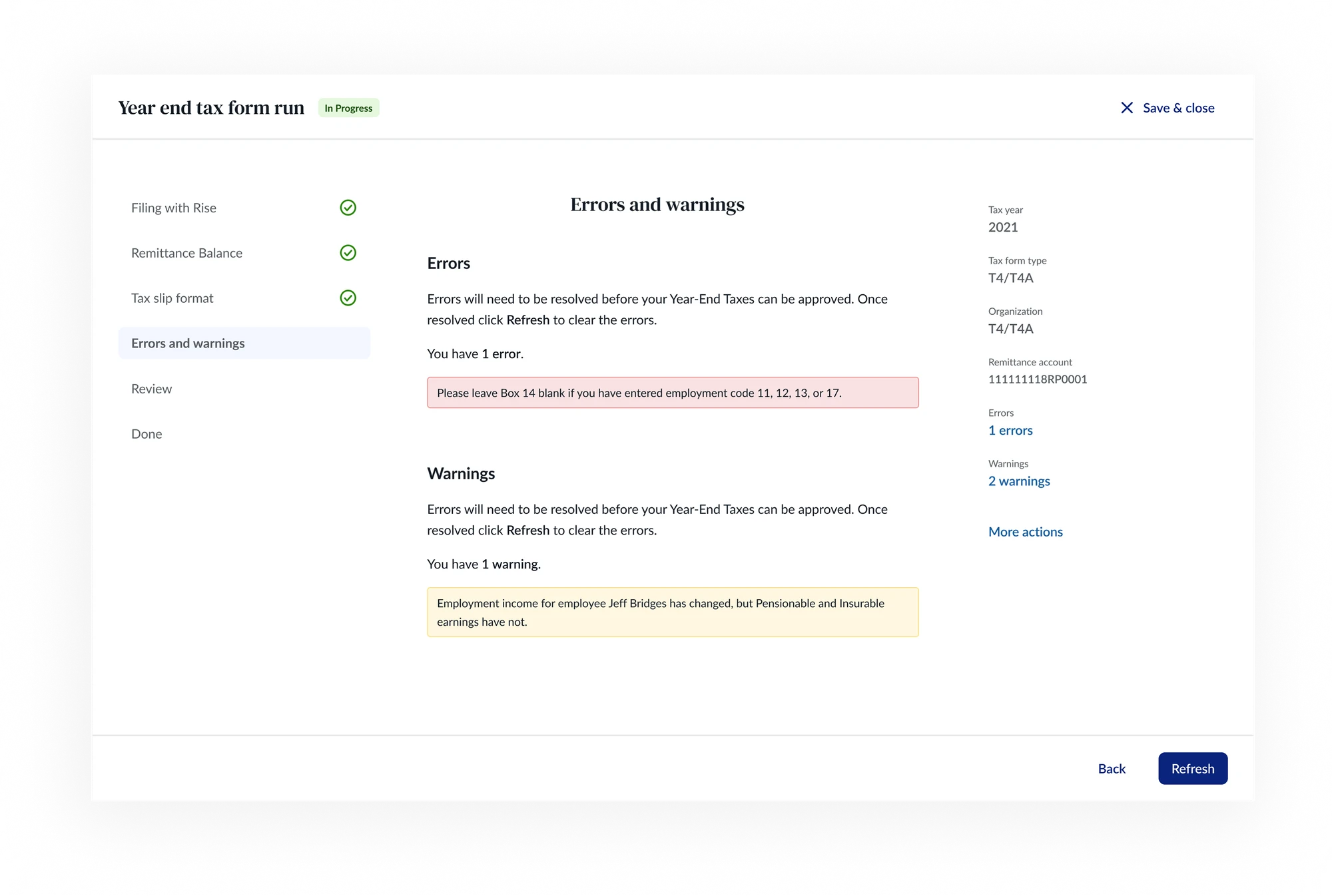 Wizard step for errors and warnings: a step list on the left, one error and one warning in the middle, and tax form details on the right.