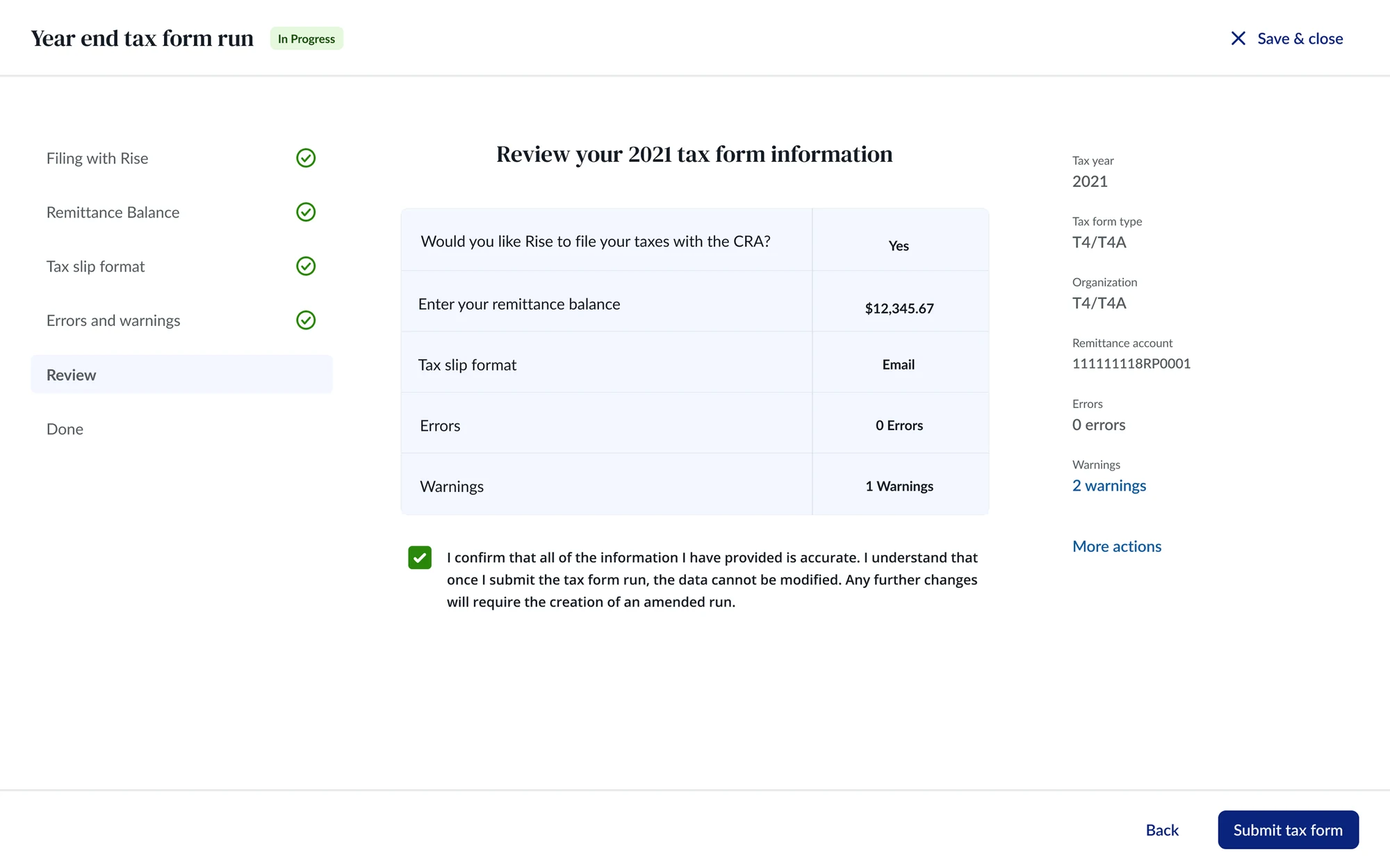Wizard review step summarizing the CRA filing choice, remittance balance, slip format, errors and warnings, with a confirmation checkbox.